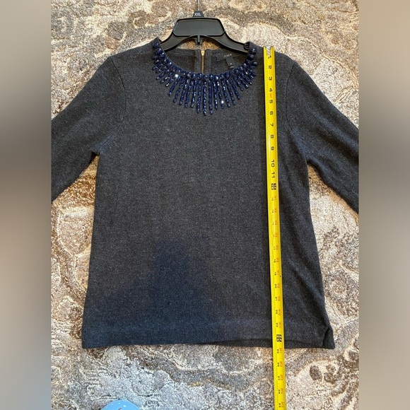 J. Crew Jeweled Beaded Gray Wool Blend Sweater Zipper 3/4 Sleeve Blue Medium - Picture 7 of 8